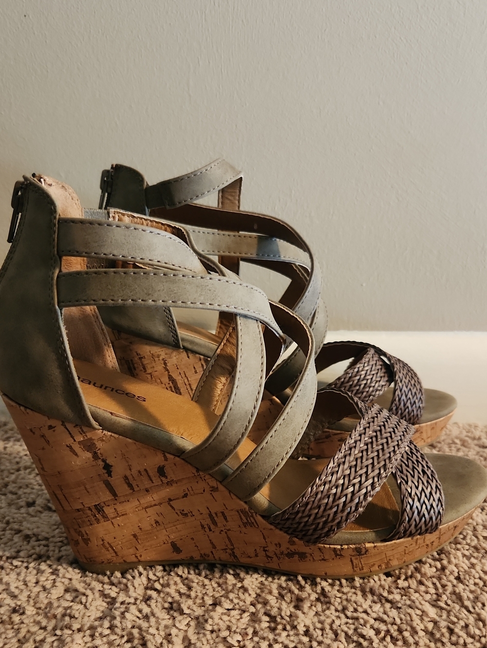 Maurices Taupe Braided Cork Wedge Sandals, Size 10